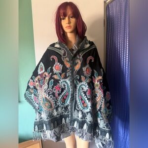 Ahujasons 100% Merino Wool Embroidered Shawl Black Paisley Floral Fringe Wrap